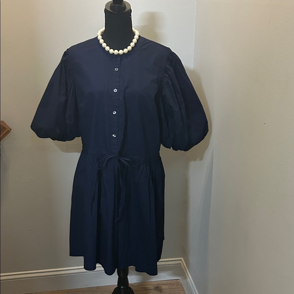 GAP Navy Blue  Dress with Puff Sleeves and drawstring on the waist.